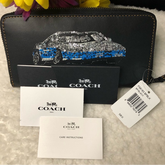 F58183 Coach 1941 Rare Zip Around Accordion Leather Wallet Sequins Z41 Coupe Car - Picture 1 of 15
